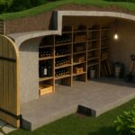 Betónová pivnica osadená v záhrade pripravená na zakrytie a dokončenie terénu.