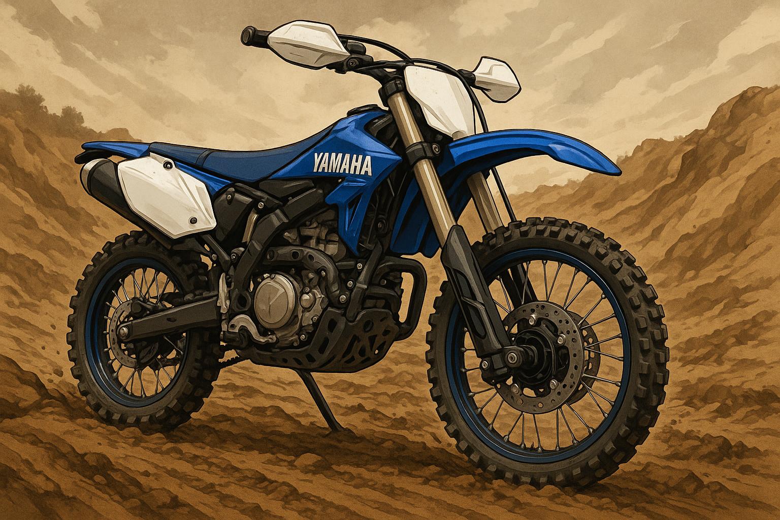 Motocykel Yamaha pripravený na jazdu v teréne, detail pohonných a technických komponentov.