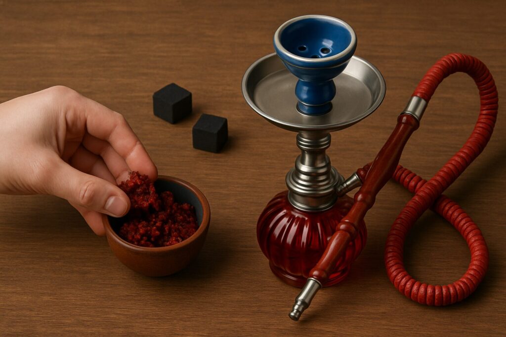 Začiatočník pripravuje shishu s vodnou fajkou, tabakom a uhlíkmi na stole 