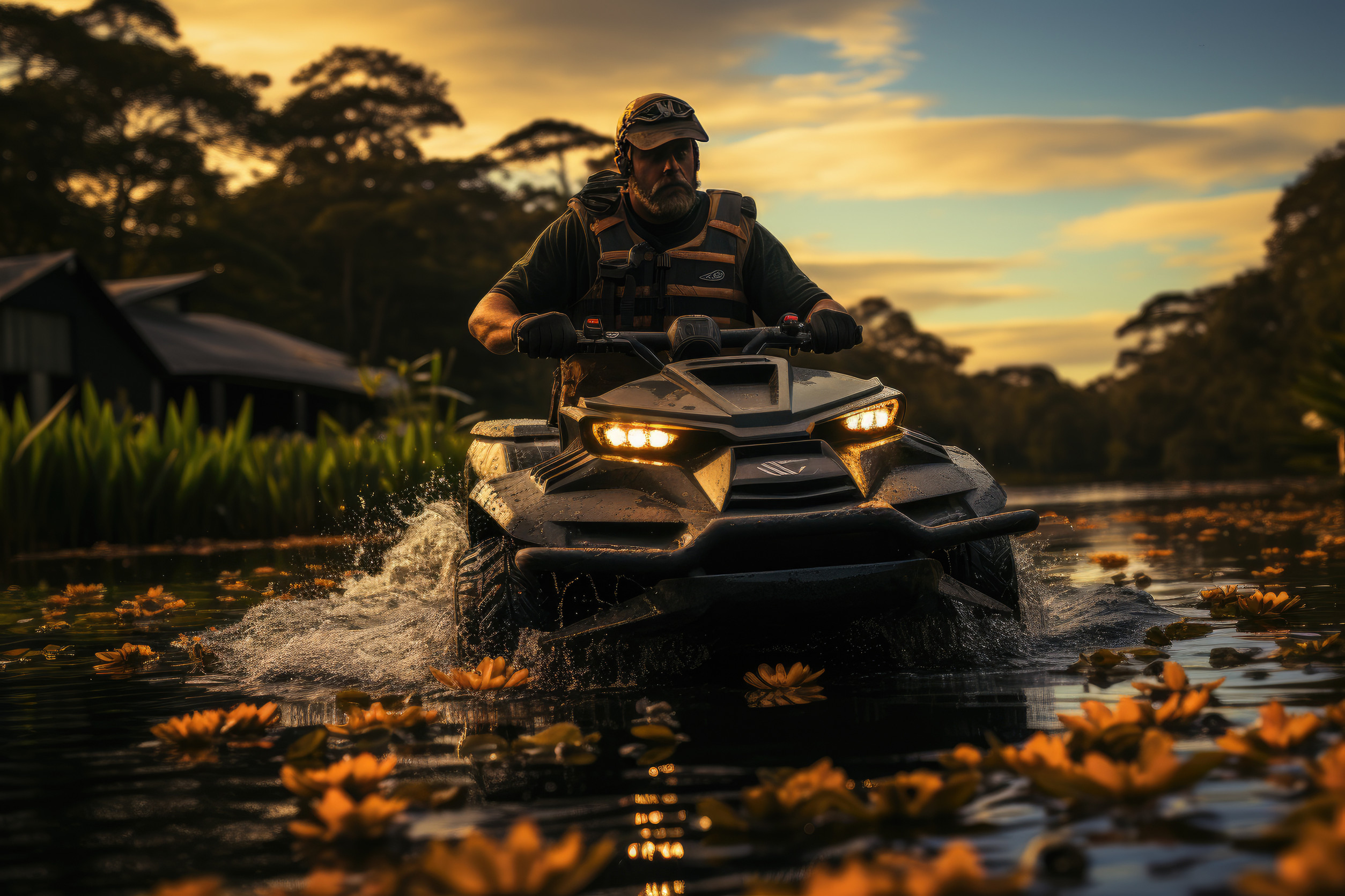 Jazdec na ATV prechádza plytkým brodom cez rieku.