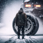 Mechanik prezúva auto na nové zimné pneumatiky v autoservise.