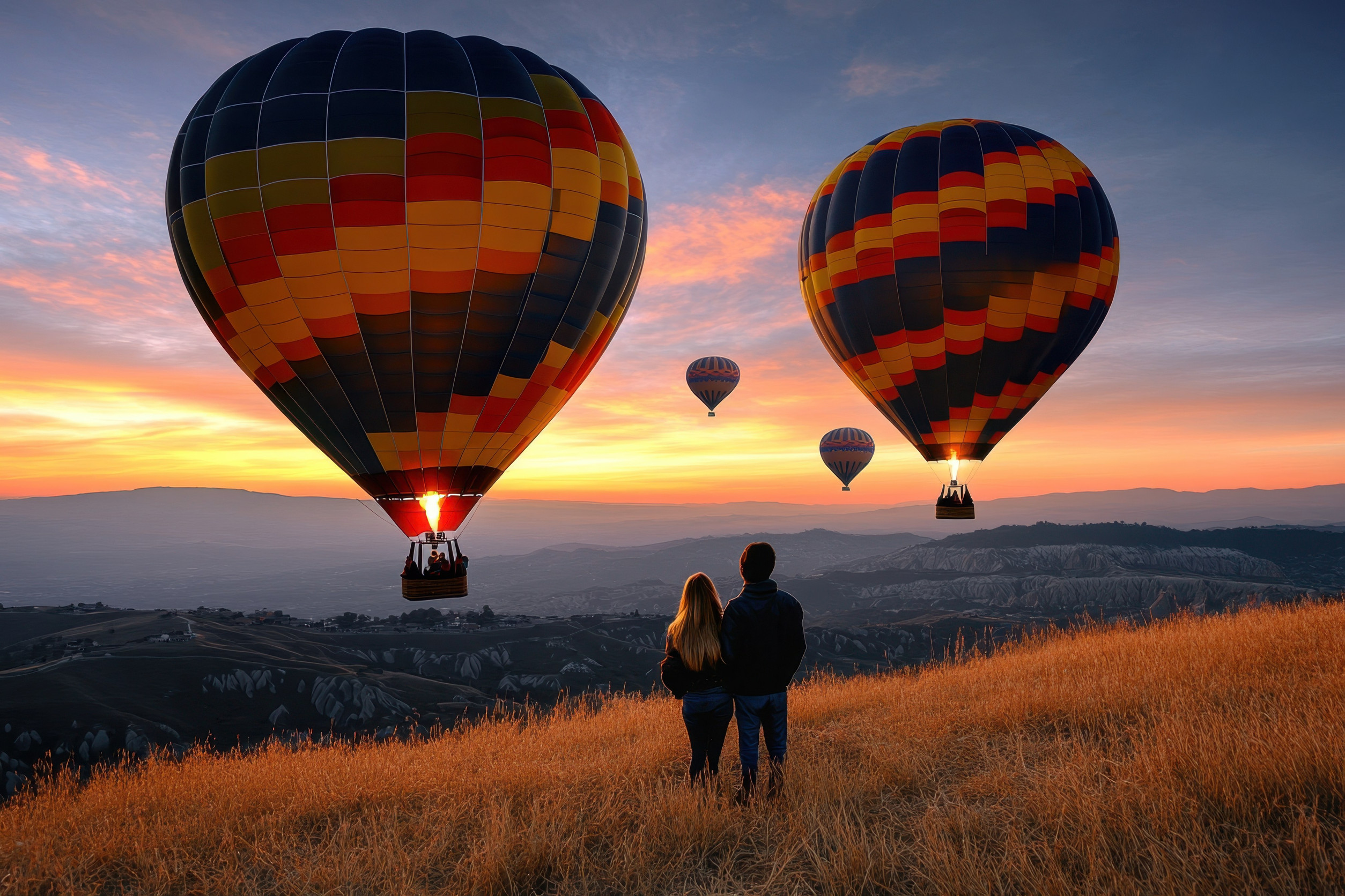 Pár si užíva romantické rande pri západe slnka s pohárom vína.