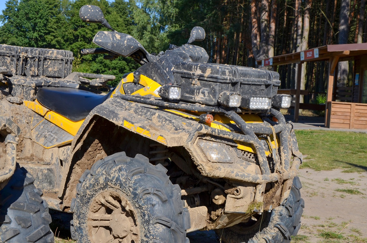 Ilustrácia štvorkolky v lesnom prostredí určená pre poľovnícke využitie.